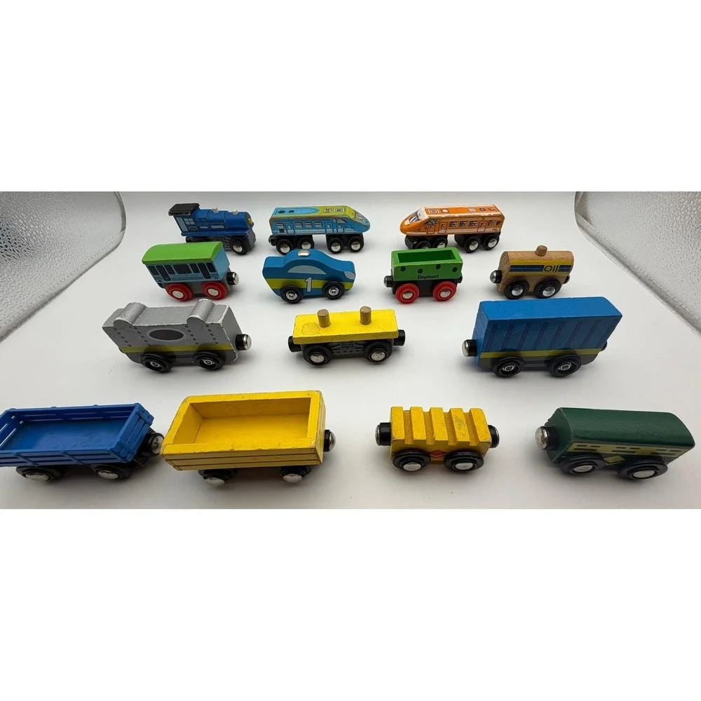 Mixed Wooden Magnetic Train Cars Lot 13pc Engines Freight Passenger Vehicles